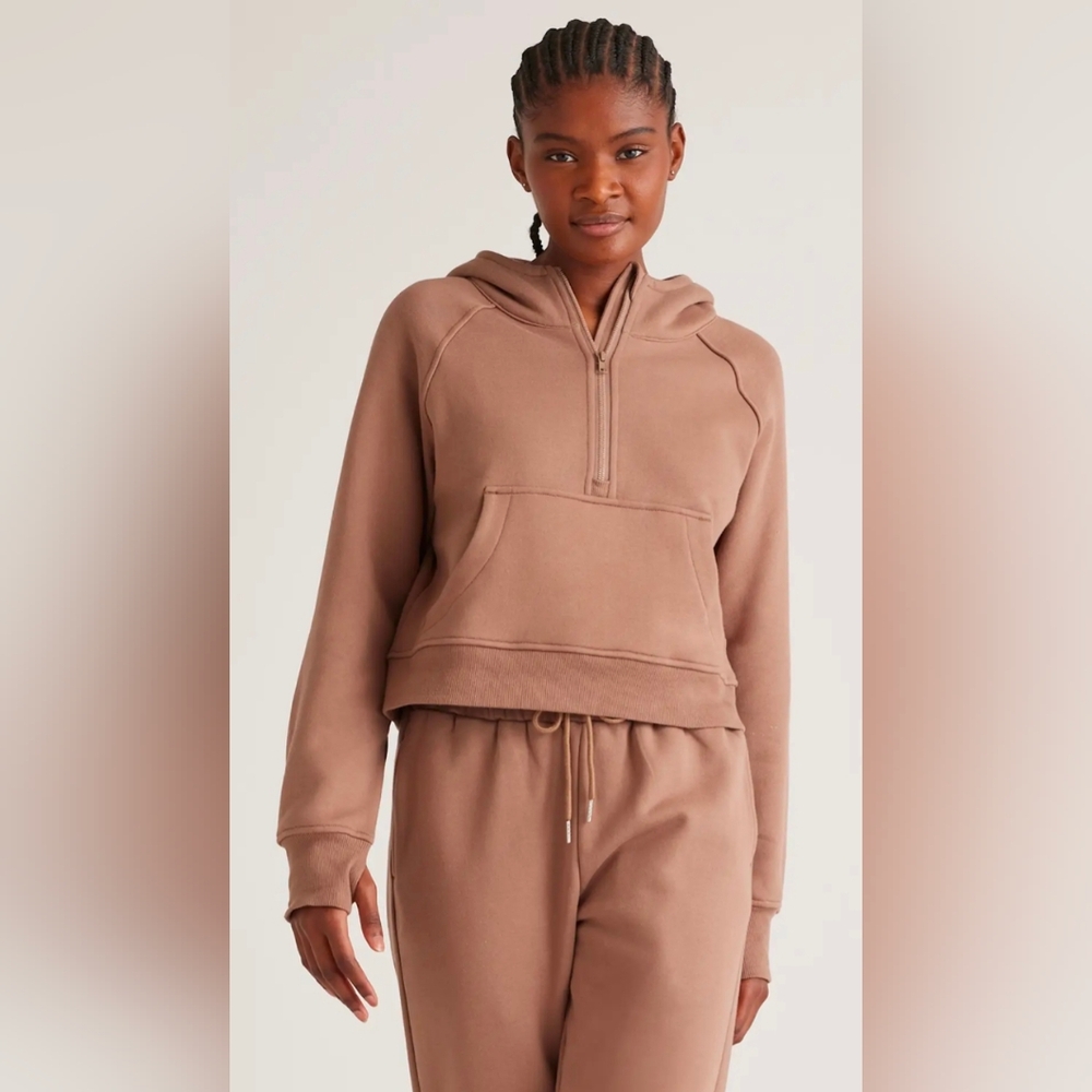 Quince Women's Organic Heavyweight Fleece Cropped Half-Zip Hoodie Taupe Small